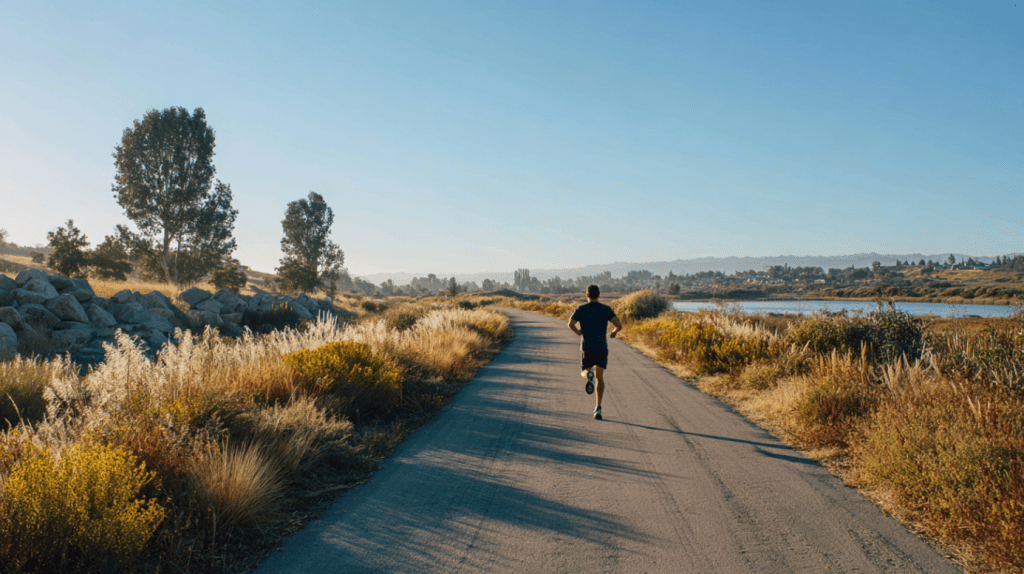 A person jogging along a scenic path, promoting an active lifestyle to support gut health through physical activity.