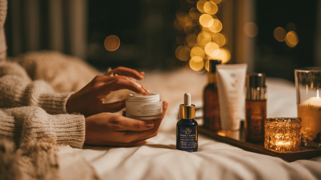 Peaceful nighttime routine with a person applying nourishing cream before bed, soft warm lighting, and an inviting bedroom ambiance.