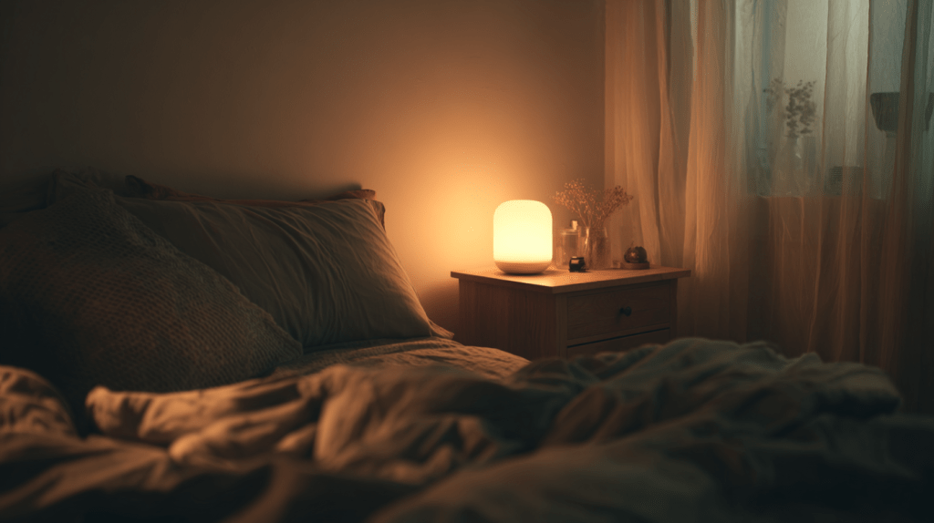 Peaceful bedroom at night with a softly lit bedside lamp, cozy pillows, and gentle curtains, emphasizing the importance of restful sleep for immune health.