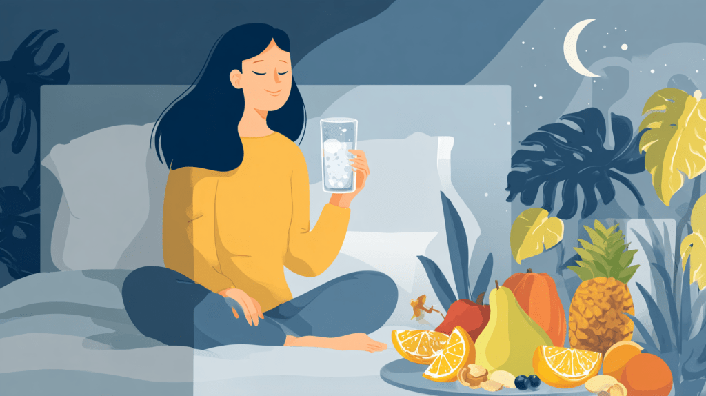A person holding a glass of water while sitting on their bed, with an assortment of fresh fruit beside them. The warm ambiance and serene atmosphere suggest they are in a peaceful state, preparing for rest or enjoying a moment of relaxation before sleep, perhaps after feeling tired earlier in the day.