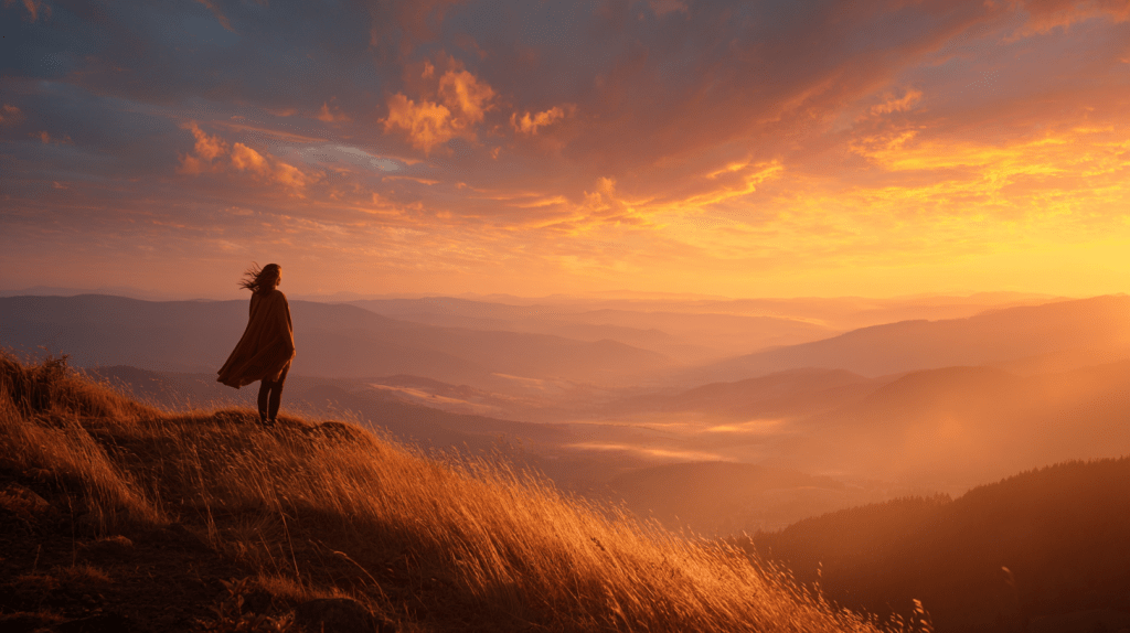 A woman standing on a windy hilltop at sunset, overlooking a peaceful landscape—capturing the calm and balance gained through daily mental health practices.