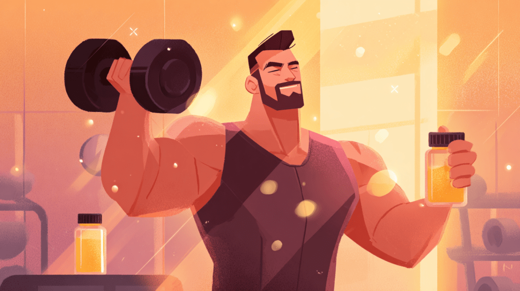 A muscular man lifting weights in a gym, showing strength and vitality, representing the benefits of fitness and supplements for men's health.