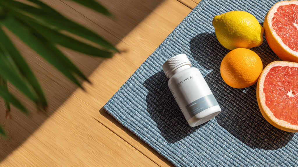 A serene flat lay image of a supplement bottle placed next to fresh citrus fruits like lemons and grapefruit, representing weight loss support and healthy living.