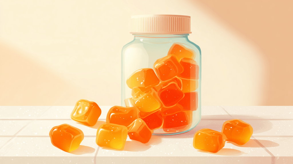 A clean and bright illustration of a glass jar filled with orange apple cider vinegar (ACV) gummies, promoting gut health and digestion support through natural supplementation.