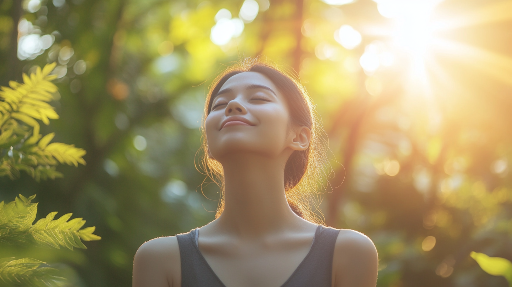 A person standing outdoors in sunlight, surrounded by lush greenery, representing a natural lifestyle associated with moringa supplements