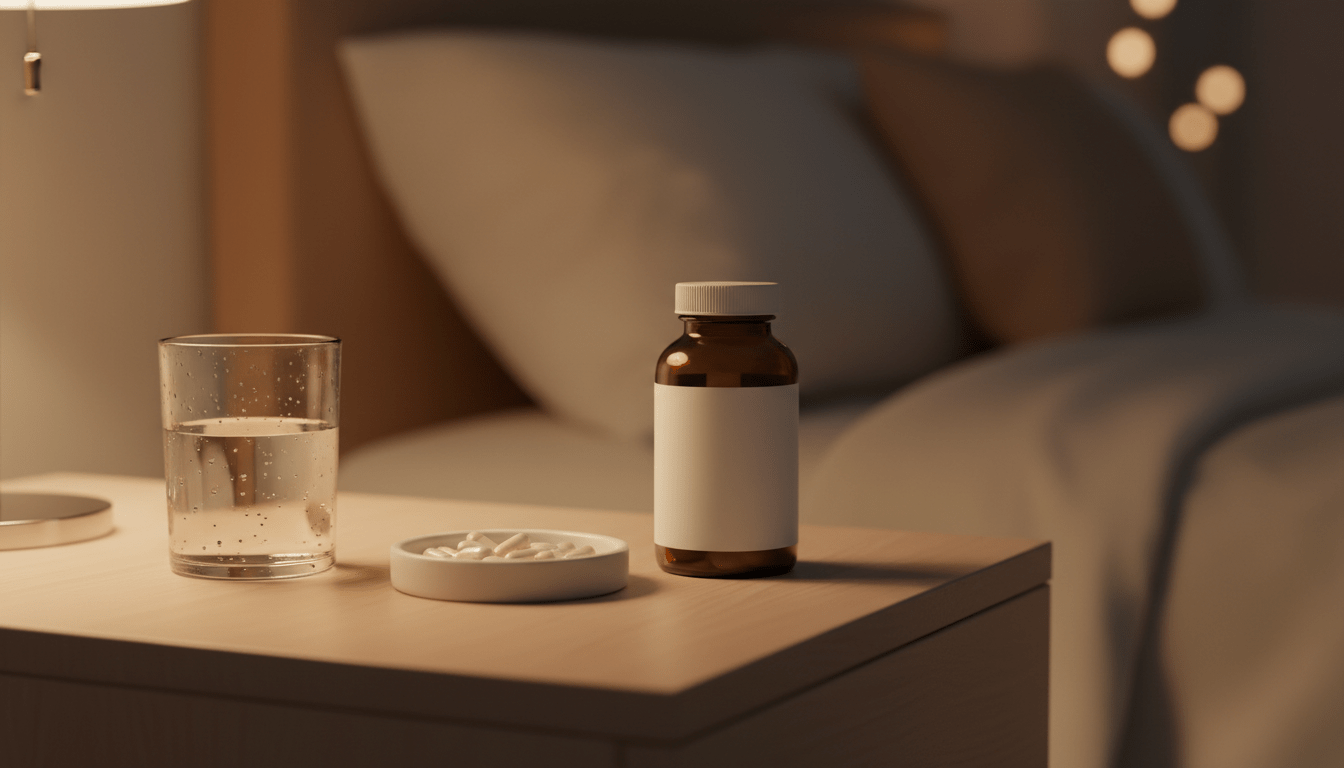 Ashwagandha dietary supplement capsules on bedside table