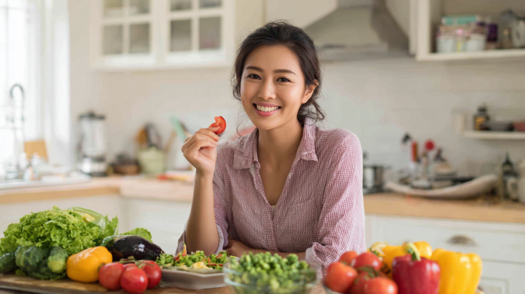 Happy woman enjoying a healthy meal with a variety of fresh vegetables in a well-lit kitchen, highlighting the role of nutrition in immune support.