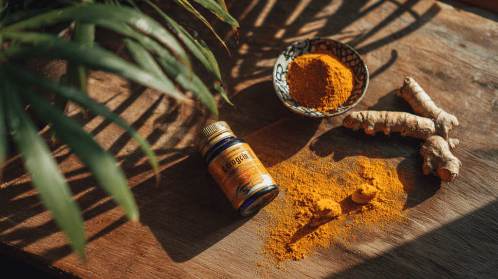 A flat lay of turmeric roots, a bowl of turmeric powder, and a bottle of turmeric supplement placed on a wooden surface with soft natural light and shadows from green leaves.