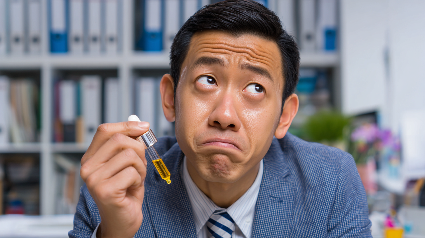 Asian man in office air-con, face looks shiny, holding facial oil dropper and looking unsure