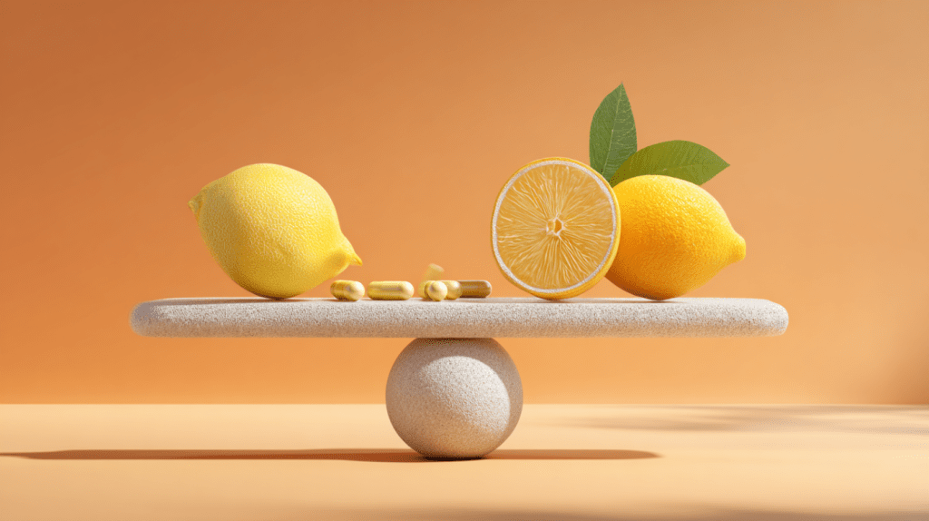 A peaceful and balanced scene with lemons, representing health, vitality, and the benefits of vitamin C with zinc supplements for immune support.