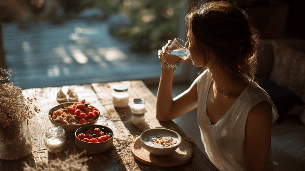A woman enjoying a refreshing glass of water during a serene morning, part of a healthy collagen-boosting routine for glowing skin.