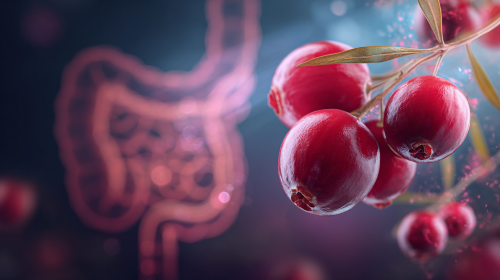 A close-up of cranberries with a stylized illustration of the digestive system in the background, symbolizing the gut health benefits of cranberries.