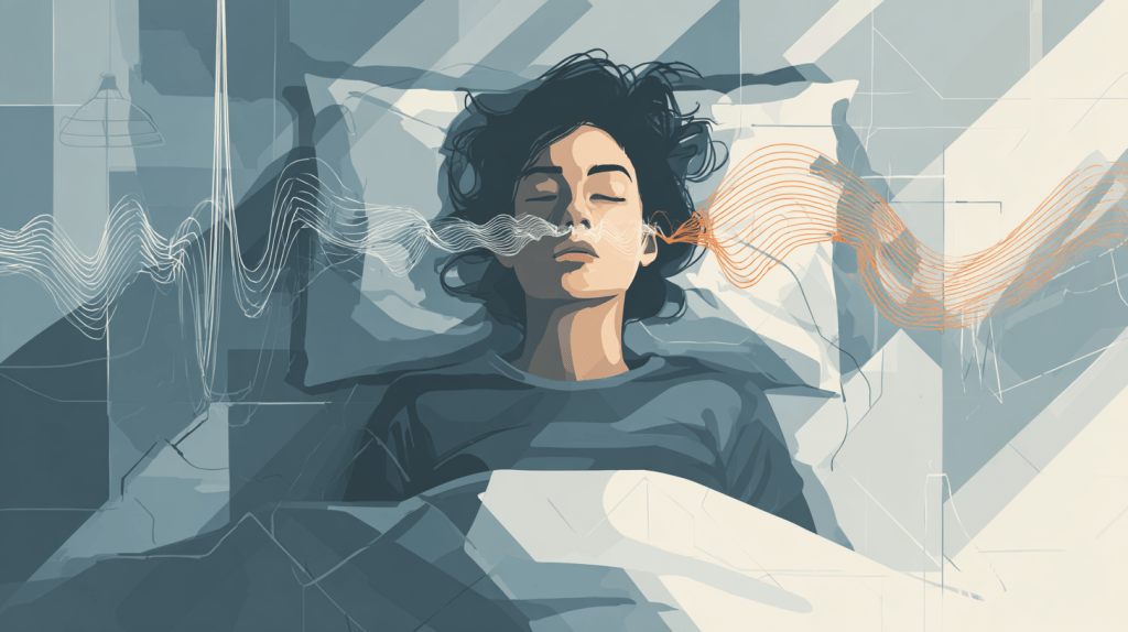 A person lying in bed, appearing tired and asleep, with a subtle visual effect resembling sound waves emitting from their face, representing their dreams or thoughts. The room has cool-toned colors with a geometric background, highlighting a moment of rest while feeling tired.