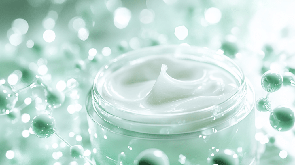 Theo10 Eczema Cream in a glass jar, showcasing smooth, rich texture with scientific molecular elements representing natural ingredients and skincare technology.