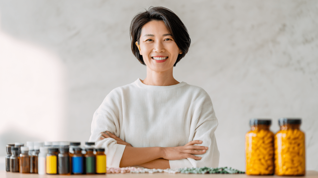 A smiling person standing confidently behind a display of various supplements, symbolizing trust and knowledge in supplement use for health and wellness.