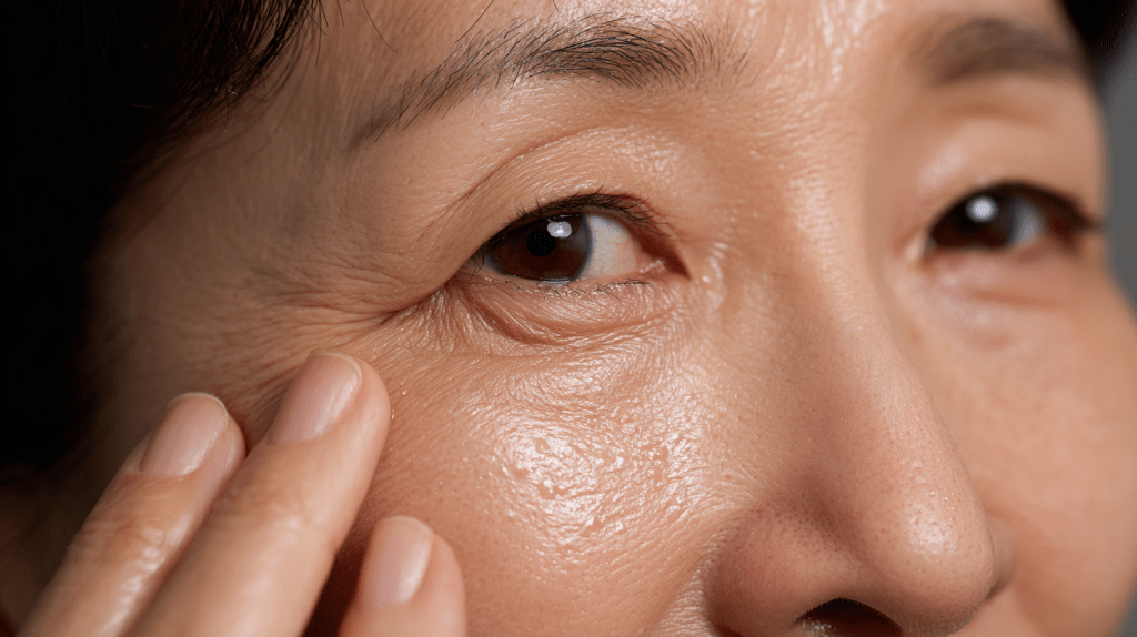 A close-up of a woman in her 50s applying skincare to the delicate skin around her eyes, showing a thoughtful and caring approach to skincare. The focus is on maintaining youthful and healthy skin during the 50s