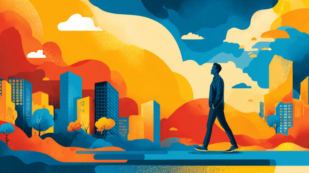 A confident man walking through a vibrant city with floating pills and capsules around him, symbolizing the role of supplements in boosting men's health and energy."