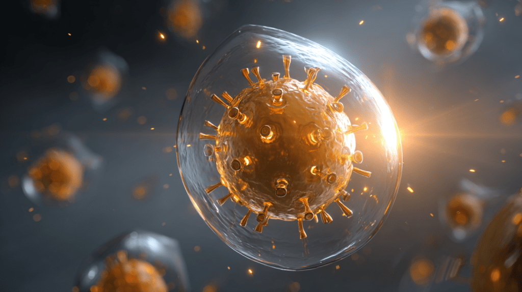 A close-up view of a virus, symbolizing the importance of immune protection, with bright orange and glowing elements. The image relates to the power of vitamin C with zinc in supporting immune function.