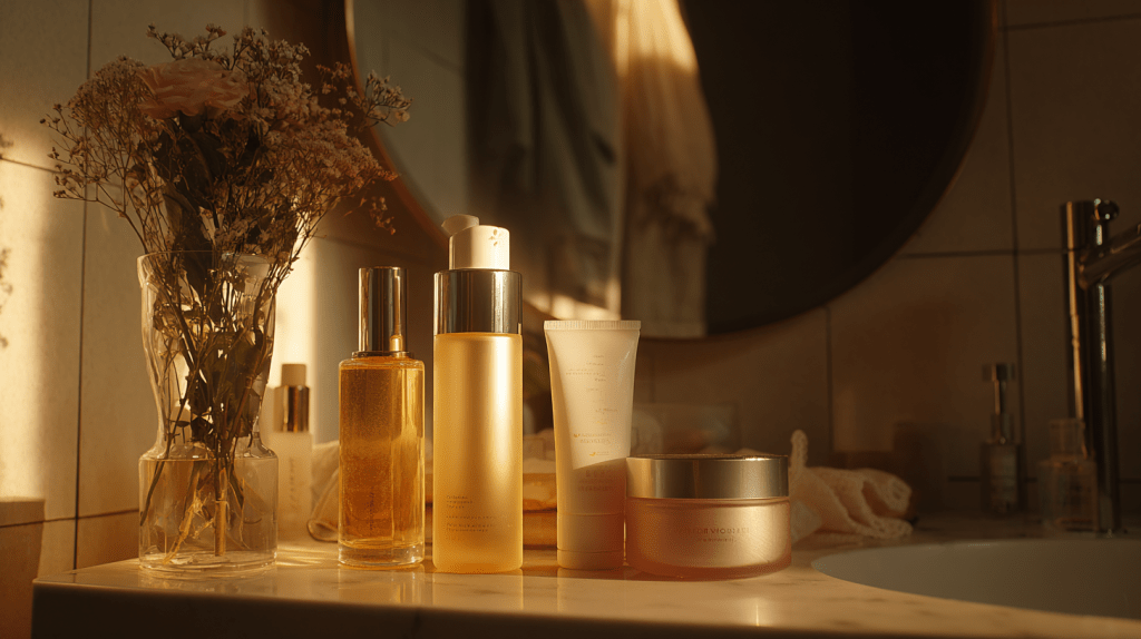 A collection of luxurious skincare products for women in their 50s, arranged neatly on a marble bathroom counter with soft, warm lighting. These products highlight a refined skincare regimen tailored for mature skin.