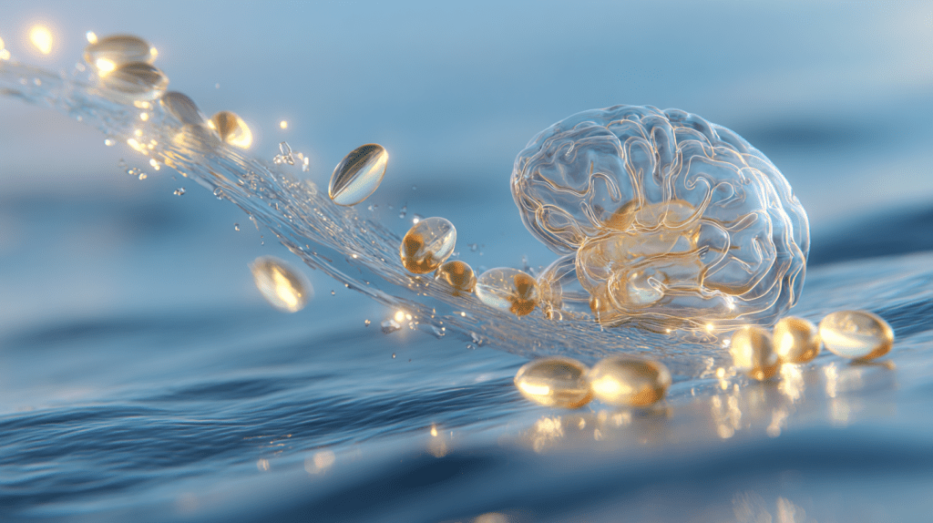 An artistic portrayal of a heart and brain connected by a stream of omega-3 fish oil capsules, the ideal supplement for vitality and health, set against a calming sea backdrop.