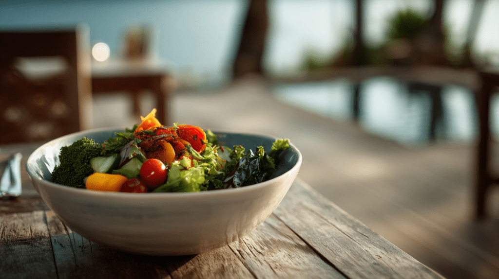 A fresh, vibrant salad served in a bowl, with vegetables and fruits that are beneficial for gut health and digestion