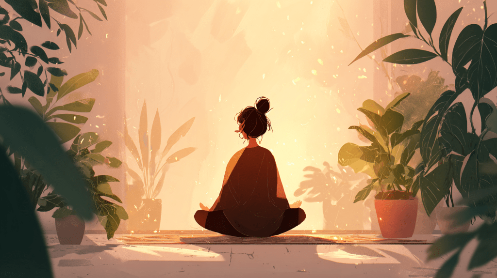 A peaceful and serene illustration of a person meditating surrounded by indoor plants, symbolizing mindfulness and stress reduction for better gut health.