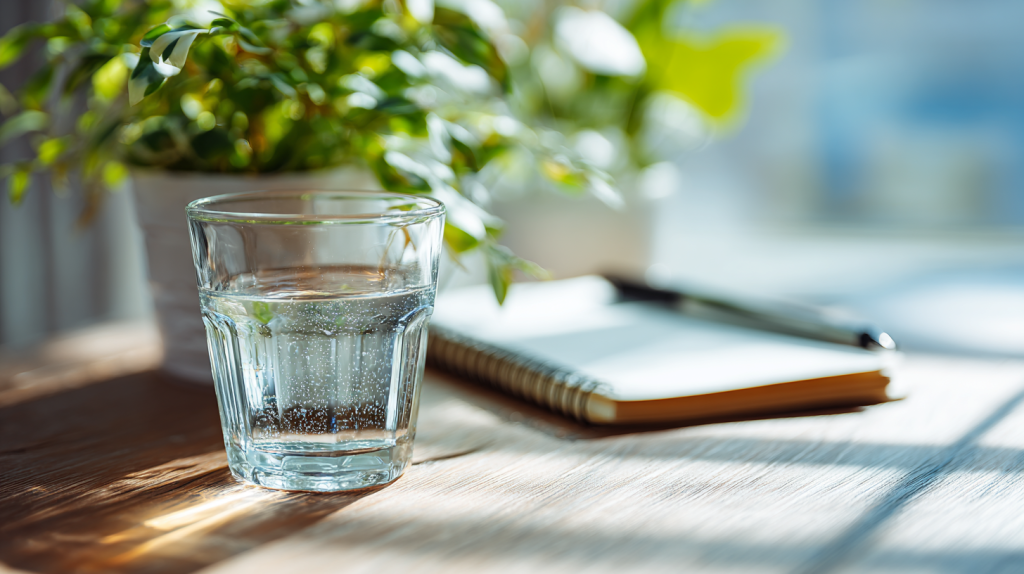 A clear glass of water on a sunlit desk beside a notebook and plant, representing hydration and mindfulness as key daily habits for mental health.