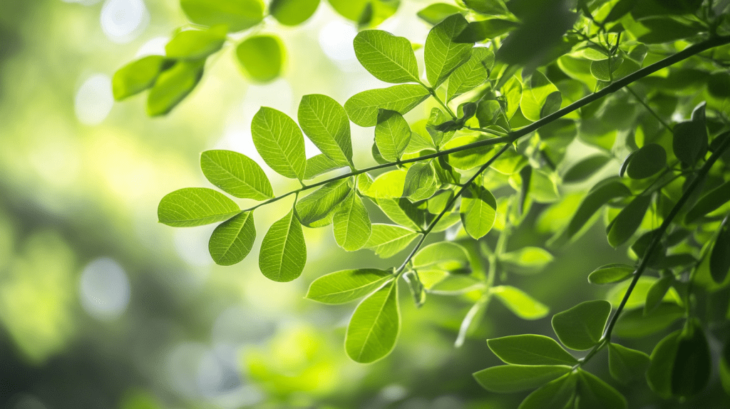 Close-up of vibrant green moringa leaves on a branch, with sunlight filtering through, highlighting the natural source of moringa supplements