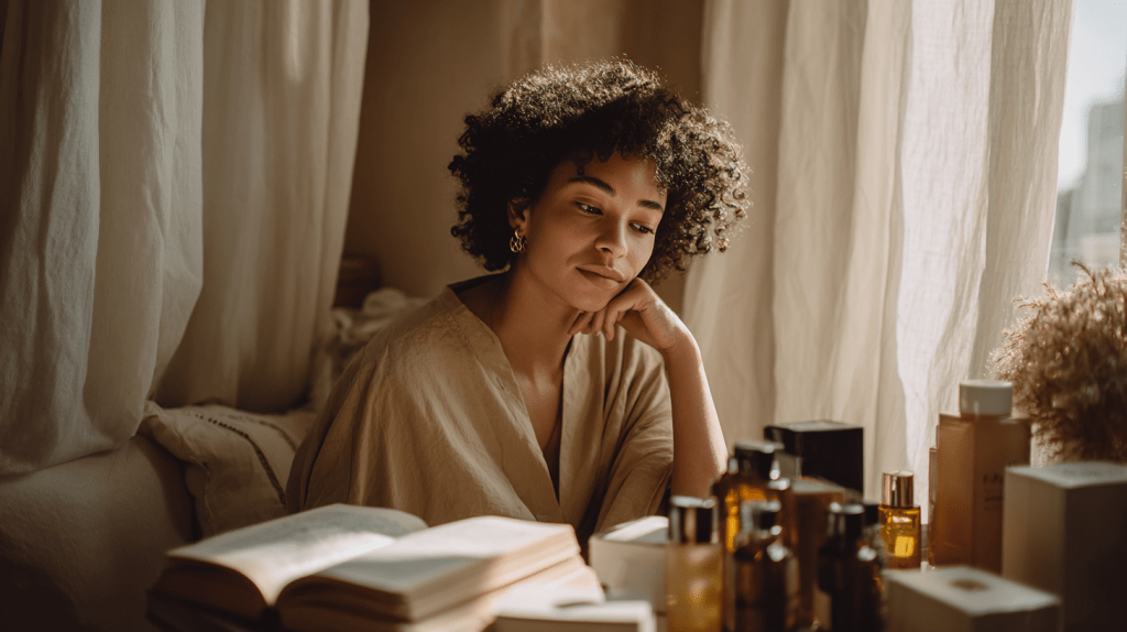Person reading a guide with skincare products neatly arranged on a table, in a calm space filled with soft natural light