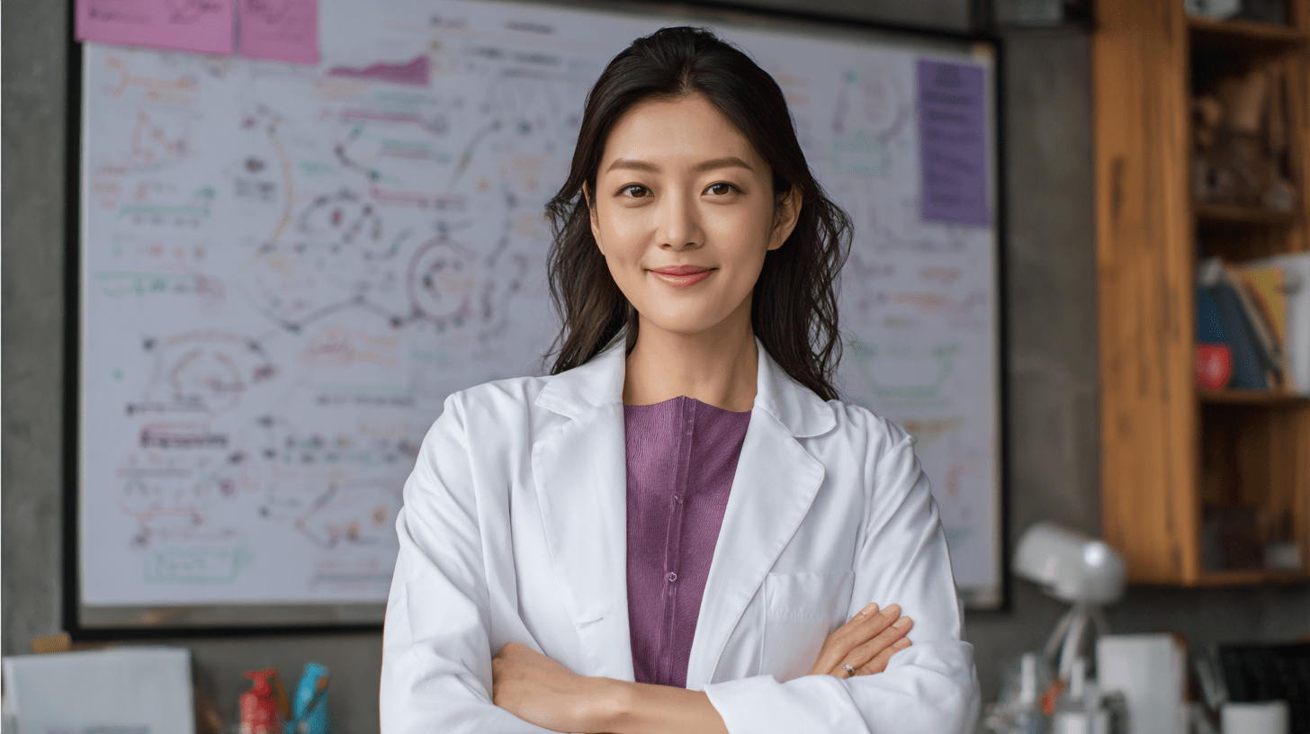 Asian dermatologist-style educator in clinic setting with simple infographic board