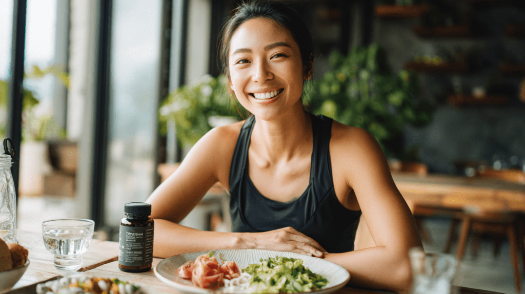 A smiling Asian woman enjoying a healthy meal at a table, with a supplement bottle beside her, highlighting a balanced diet for sustainable weight loss.