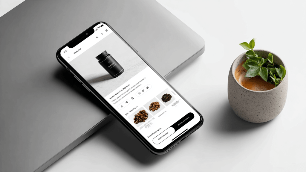 A clean and modern online shopping experience, with a smartphone displaying a product page for a black bottle of Himalayan Shilajit, alongside images of coffee beans. The phone is placed on a laptop with a minimalist white background, and a small plant is in the corner