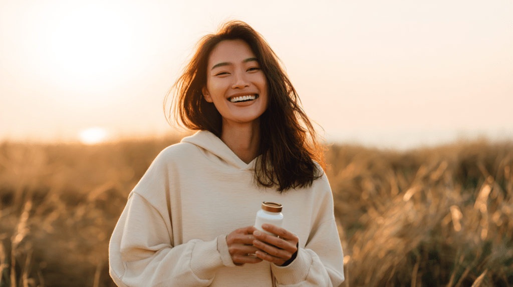 A joyful Asian woman with long hair, smiling while holding a bottle of supplements, standing outdoors in a field with the sun setting in the background.