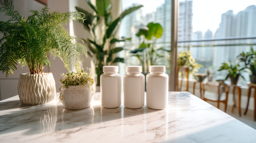 Top collagen supplements displayed on a marble countertop with natural lighting, ideal for improving skin health and promoting youthful appearance.