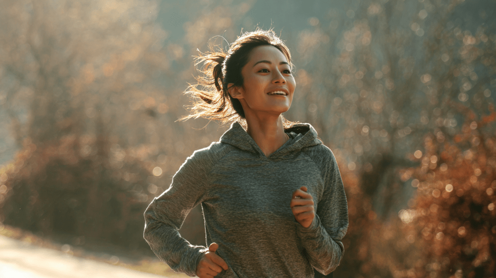A smiling woman jogging in the morning sunlight, showing improved energy and vitality after 30 days of taking NAD+ Boosters.