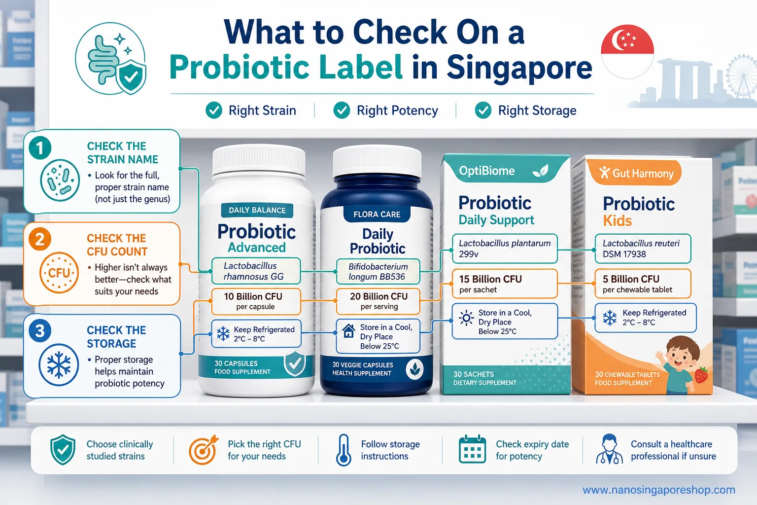 alt text: Singapore probiotic label infographic showing key points to check before buying
