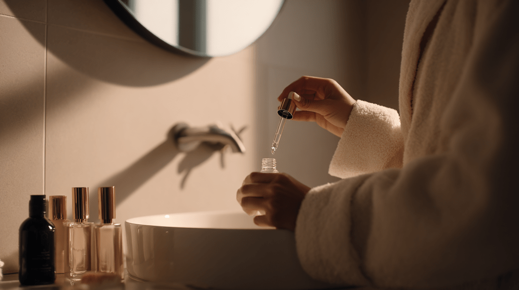 Close-up of a person applying serum to their face with a dropper in a softly lit bathroom, focusing on a skincare routine for skin concerns.