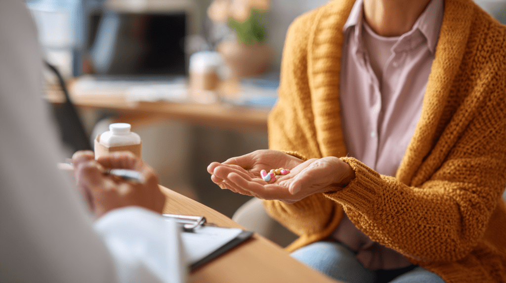 A person sitting in a doctor's office, discussing NAD+ Boosters with a healthcare provider while holding various supplement pills in their hand.