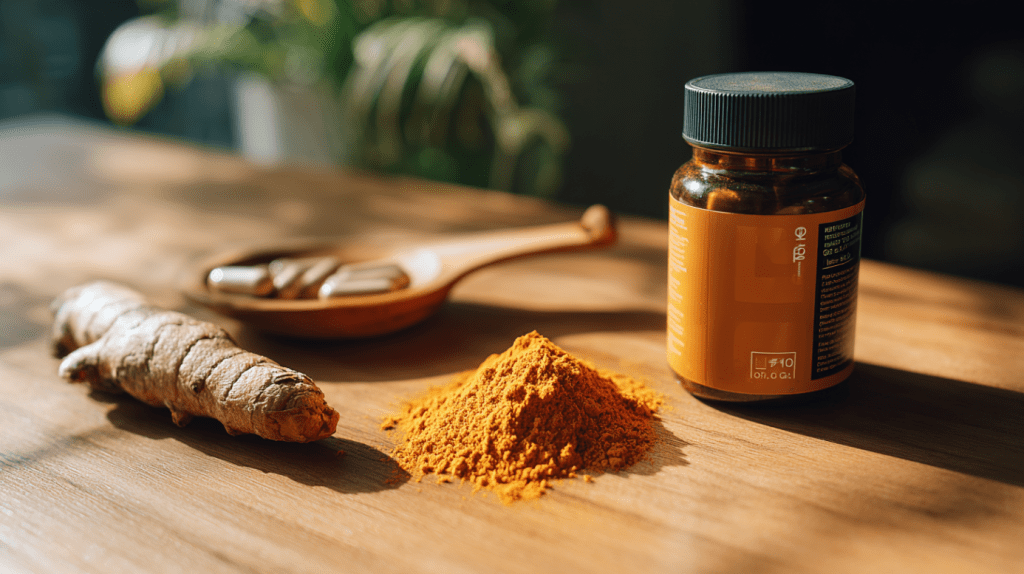 A close-up of turmeric powder, raw turmeric root, capsules on a wooden spoon, and a turmeric supplement bottle in a sunny, tranquil indoor setting.