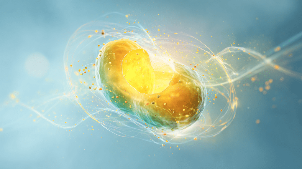 An abstract human cell with glowing golden and green components, symbolizing the synergy of Vitamin D3 and K2 as a powerful supplement for vitality.